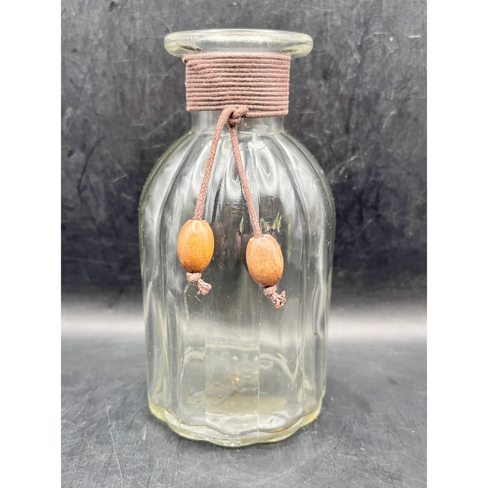 Pier 1 Imports Clear Ribbed Glass Apothecary Bottle Jute Wrapped Wood Beads 5.5"